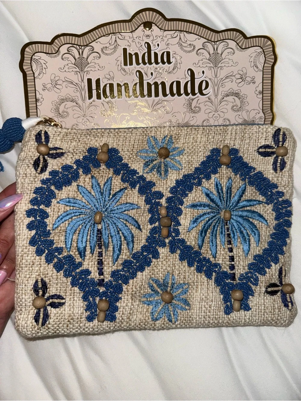 Blue Palm Tree Beaded Zipper Pouch Handmade in India New with Tags